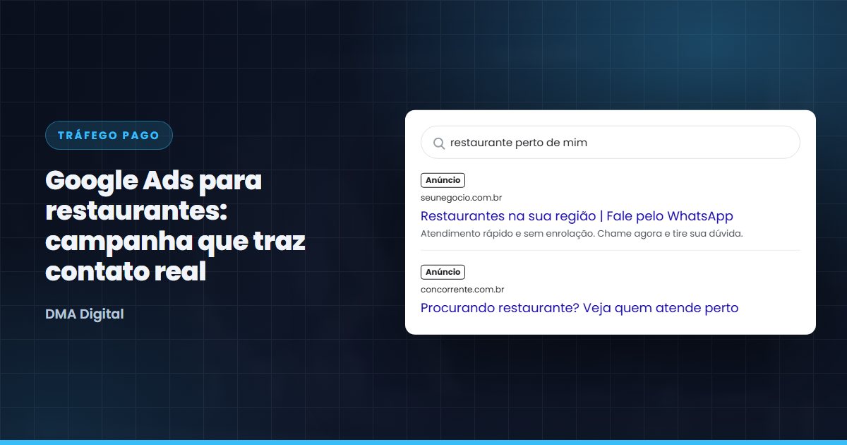 Tela de celular com busca 'restaurante perto de mim' e anúncios do Google no resultado